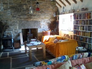 A cosy sitting area in a small cottage. There is a fireplace set into a stone wall, with a wood-burning stove in it; a sofa covered with a yellow throw, and a table strewn with books. Light streams in through the window, and there is a full bookcase against the wall.