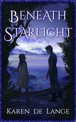 Beneath Starlight by Karen de Lange. A man and a girl stand in woods at the edge of a lake, beneath a starry night sky.