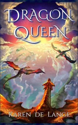 Dragon Queen by Karen de Lange. Dragons fly above an island-scattered sea as the sun goes down over the horizon.